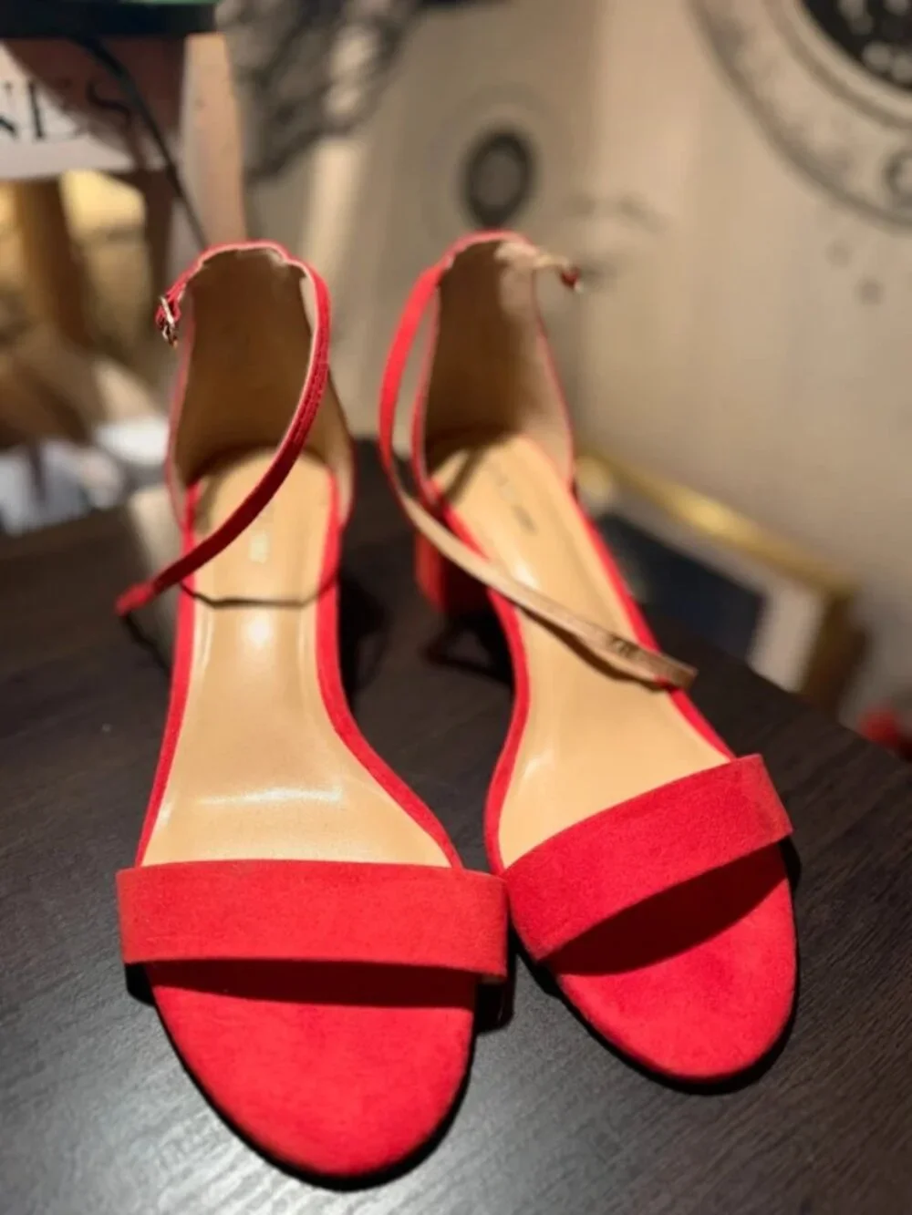 Women's Size 10 Pizz Annu Scarlet Red Chunky Open-toed Short Heels